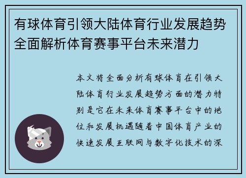 有球体育引领大陆体育行业发展趋势全面解析体育赛事平台未来潜力